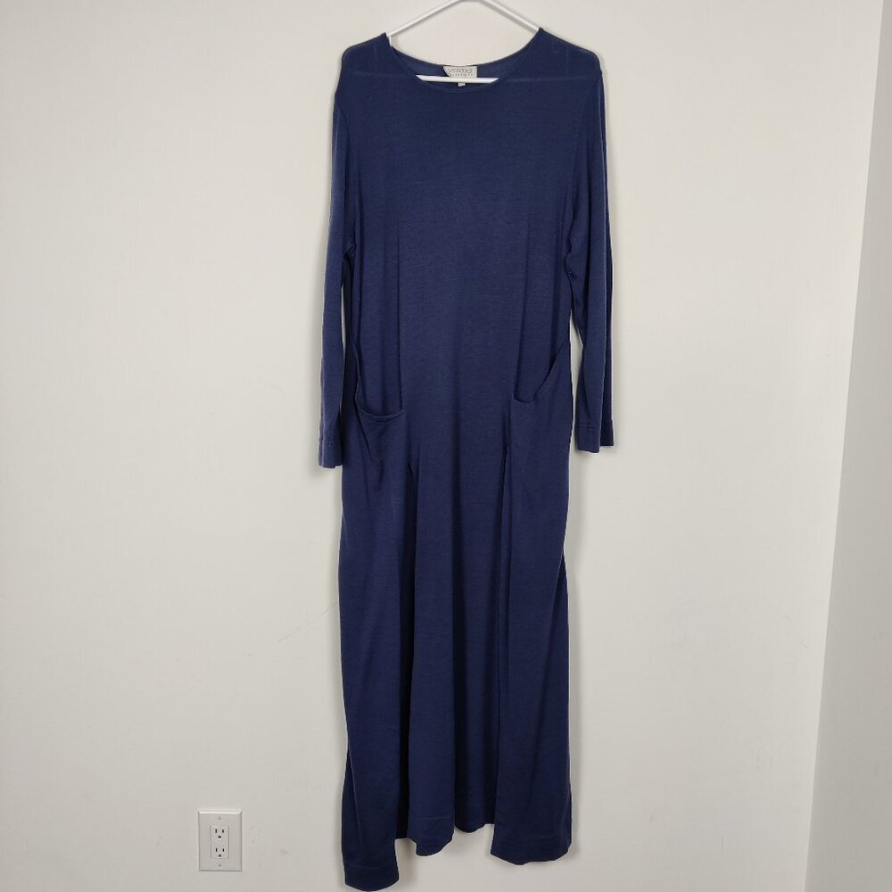 Veritas Women's Dress Size 14 Blue Wool Blend Maxi Crew Neck Lagenlook Modest